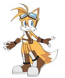 Size: 1708x2048 | Tagged: safe, artist:itz-pandora, miles "tails" prower, belt, boots, brown gloves, brown shoes, flat colors, goggles, looking at viewer, redesign, simple background, smile, solo, sonic riders, standing, white background