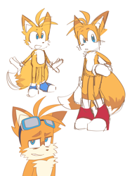 Size: 1536x2048 | Tagged: safe, artist:itz-pandora, miles "tails" prower, blue shoes, flat colors, frown, goggles, mouth open, simple background, smile, solo, standing, white background