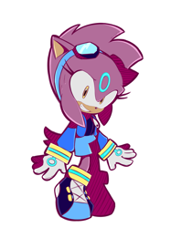 Size: 1535x2048 | Tagged: safe, artist:reinafish, oc, oc:quartz the hedgehog, hedgehog, alternate version, fankid, goggles, jacket, looking at viewer, magical gay spawn, oc only, parent:espio, parent:silver, parents:silvio, purple fur, riders style, simple background, smile, solo, standing, sweatdrop, white background, yellow eyes