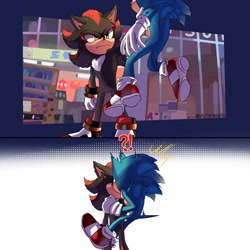 Size: 1048x1048 | Tagged: safe, artist:billytarmadillo, shadow the hedgehog, sonic the hedgehog, sonic the hedgehog 3 (film), 2024, abstract background, duo, exclamation mark, frown, gay, holding them, kiss, outdoors, question mark, scene interpretation, scene parody, shadow x sonic, shipping, standing, surprised