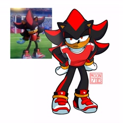 Size: 4095x4095 | Tagged: safe, artist:moonziies, shadow the hedgehog, frown, hands on hips, leaning forward, lidded eyes, looking at viewer, mario and sonic at the 2020 olympic games, redraw, reference inset, simple background, solo, standing, white background