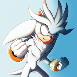 Size: 2048x2048 | Tagged: safe, artist:ren-yu, silver the hedgehog, 2020, clenched fists, gradient background, looking offscreen, outdoors, smile, solo, standing