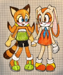 Size: 1621x1939 | Tagged: safe, artist:emilythecosmiccat, cream the rabbit, maria robotnik, marine the raccoon, 2022, blushing, creamabetes, cute, duo, holding hands, lesbian, looking at each other, maream, marineabetes, mouth open, shipping, smile, traditional media, watermark