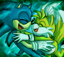 Size: 700x630 | Tagged: safe, artist:axolotlia, miles "tails" prower, sonic the hedgehog, 2012, abstract background, birthday, cute, duo, eyes closed, holding each other, mouth open, signature, smile, sonabetes, tailabetes