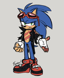 Size: 655x795 | Tagged: safe, artist:scourgefrontier, sonic the hedgehog, hedgehog, anti-sonic, blue fur, fingerless gloves, glasses, glasses on head, green eyes, jacket, male, scars, shoes, solo, sunglasses