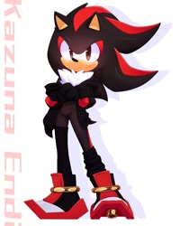 Size: 1080x1350 | Tagged: safe, artist:kazuna_endi, shadow the hedgehog, hedgehog, asymmetrical legwear, black fur, jacket, male, red eyes, red fur, shoes, single loose sock, single thighhigh, solo