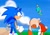 Size: 2048x1452 | Tagged: dead source, safe, artist:crushingdreams_, cheese (chao), cream the rabbit, sonic the hedgehog, chao, 2020, abstract background, bending over, clouds, daytime, eyes closed, looking at them, neutral chao, outdoors, redraw, signature, sonic advance 2, standing, sweatdrop, trio