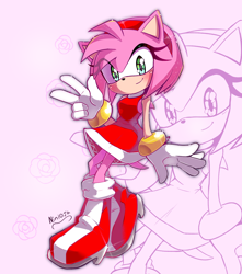 Size: 2656x3000 | Tagged: safe, artist:nin10ja, amy rose, blushing, echo background, smile, v sign