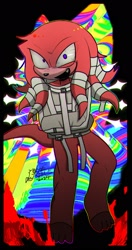 Size: 1226x2324 | Tagged: safe, artist:molu9818, knuckles the echidna, echidna, 2024, abstract background, bloodshot eyes, insanity, one fang, solo, straitjacket