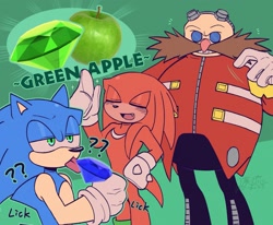 Size: 1991x1643 | Tagged: safe, artist:molu9818, knuckles the echidna, robotnik, sonic the hedgehog, echidna, hedgehog, human, apple, chaos emerald, english text, food, fruit, green background, holding something, licking, question mark, simple background, tongue out, trio