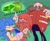Size: 1991x1643 | Tagged: safe, artist:molu9818, knuckles the echidna, robotnik, sonic the hedgehog, echidna, hedgehog, human, apple, chaos emerald, english text, food, fruit, green background, holding something, licking, question mark, simple background, tongue out, trio
