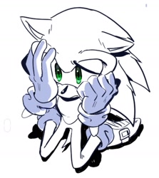 Size: 1483x1664 | Tagged: safe, artist:soramotsuchi, sonic the hedgehog, from above, hands on own face, kneeling, monochrome, sad, shadow (lighting), simple background, solo, white background
