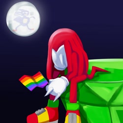 Size: 1500x1500 | Tagged: safe, artist:ssaaunaa, knuckles the echidna, sonic the hedgehog, 2024, covering face, flag, gay pride, hand on own face, implied gay, implied knuxonic, implied shipping, master emerald, meme, moon, nighttime, outdoors, pride, pride flag, sanic, sitting