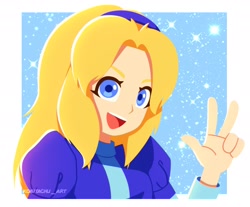 Size: 2048x1692 | Tagged: safe, artist:kobitachuart, maria robotnik, human, 2024, smile, solo, style emulation, v sign, yui karasuno style