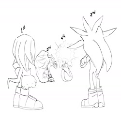 Size: 1829x1829 | Tagged: safe, artist:hownixesn, knuckles the echidna, shadow the hedgehog, silver the hedgehog, sonic the hedgehog, 2024, arms folded, fight, greyscale, group, looking at them, monochrome, racing, simple background, white background