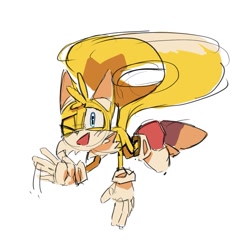 Size: 941x941 | Tagged: safe, artist:meung_sonic, miles "tails" prower, 2024, looking at viewer, mouth open, simple background, sketch, smile, solo, spinning tails, waving, white background, wink
