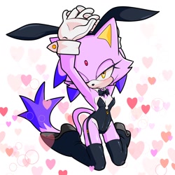 Size: 1668x1668 | Tagged: suggestive, artist:fixstern star, blaze the cat, 2022, alternate outfit, blaze the flat, blushing, bunny ear, bunny girl outfit, cleavage, delicious flat chest, hand above head, heart, kneeling, looking at viewer, one eye closed, solo