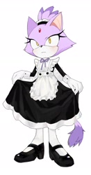 Size: 1000x1907 | Tagged: safe, artist:dexter30917, blaze the cat, 2024, alternate outfit, blushing, frown, lifting dress, looking offscreen, maid outfit, simple background, solo, sonic speed simulator, standing, white background