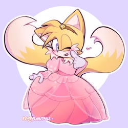 Size: 2048x2048 | Tagged: safe, artist:fluffyeviltails, miles "tails" prower, 2024, alternate outfit, blushing, cute, dress, eye clipping through hair, heart, mouth open, one fang, outline, princess dress, princess outfit, princess tails, signature, smile, solo, standing, tailabetes, wink