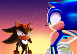 Size: 1190x840 | Tagged: safe, artist:flauretzartz, shadow the hedgehog, sonic the hedgehog, 2024, duo, frown, gradient background, looking at each other, outdoors, shooting star, smile, standing, star (sky), sunset
