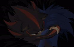 Size: 2048x1308 | Tagged: safe, artist:paracosmicessence, shadow the hedgehog, sonic the hedgehog, 2024, black background, dark, duo, gay, gloves off, hugging, lidded eyes, lineless, shadow x sonic, shipping, simple background
