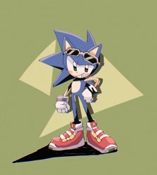 Size: 726x809 | Tagged: safe, artist:pita_b882, sonic the hedgehog, green background, grin, riders outfit, shadow (lighting), simple background, smile, solo, sonic riders, standing, sunglasses