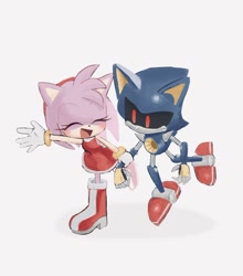 Size: 764x869 | Tagged: safe, artist:pita_b882, amy rose, metal sonic, hedgehog, 2024, duo, eyes closed, holding another's arm, metamy, robot, shipping, simple background, smile, straight, white background