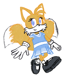 Size: 1450x1636 | Tagged: safe, artist:ragdollartwork, miles "tails" prower, 2024, alternate outfit, dress, simple background, smile, solo, trans female, trans girl tails, transgender, walking, white background