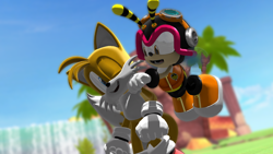 Size: 1280x720 | Tagged: safe, artist:emirrart, charmy bee, miles "tails" prower, 3d, abstract background, chaails, daytime, duo, flying, gay, hand on another's shoulder, looking at each other, mouth open, one eye closed, outdoors, palm tree, shipping, smile, standing, waterfall