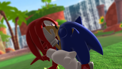 Size: 1280x720 | Tagged: safe, artist:emirrart, knuckles the echidna, sonic the hedgehog, 3d, abstract background, daytime, duo, eyes closed, flower, gay, grass, hands on another's face, kiss, knuxonic, looking at them, outdoors, palm tree, shipping, standing, sunflower, waterfall