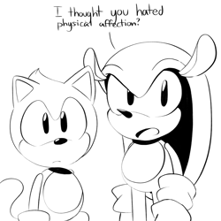 Size: 2048x2048 | Tagged: safe, artist:0vergrowngraveyard, mighty the armadillo, ray the flying squirrel, black and white, classic mighty, classic ray, dialogue, duo, english text, frown, line art, looking offscreen, monochrome, mouth open, simple background, standing, white background