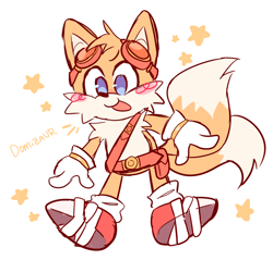 Size: 1458x1395 | Tagged: safe, artist:domizaur, miles "tails" prower, 2024, blushing, cute, looking offscreen, mouth open, signature, simple background, smile, solo, sonic boom (tv), star (symbol), tailabetes, white background