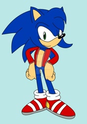 Size: 600x851 | Tagged: artist needed, safe, sonic the hedgehog, hedgehog, alternate outfit, blue background, blue fur, flat colors, green eyes, jacket, male, shoes, simple background, socks