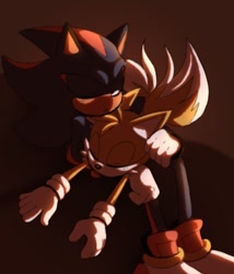 Size: 540x632 | Tagged: safe, artist:weiirddudee, miles "tails" prower, shadow the hedgehog, cute, duo, eyes closed, frown, lying on front, lying on them, shadow (lighting), shadowbetes, sitting, sleeping, tailabetes