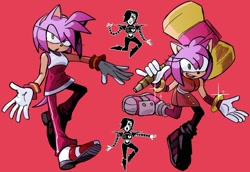 Size: 1200x824 | Tagged: safe, artist:sonslivshad, amy rose, 2024, duo, holding something, looking at viewer, mouth open, piko piko hammer, posing, red background, reference inset, riders outfit, shine, simple background, smile, sonic boom (tv)