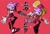 Size: 1200x824 | Tagged: safe, artist:sonslivshad, amy rose, 2024, clothes, dress, duo, hammer, holding something, looking at viewer, mouth open, piko piko hammer, posing, red background, reference inset, riders outfit, shine, simple background, smile, sonic boom (tv)