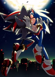 Size: 1467x2044 | Tagged: safe, artist:chaodaycare, shadow the hedgehog, sonic the hedgehog, abstract background, blushing, city, cute, duo, eyes closed, gay, holding each other, mid-air, moon, nighttime, outdoors, shadow x sonic, shipping, smile, sonabetes, star (sky)