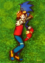 Size: 600x840 | Tagged: safe, artist:nekomell, chris thorndyke, sonic the hedgehog, human, 2013, chrisabetes, chrisonic, cuddling, cute, duo, eyes closed, gay, grass, lying down, lying on side, shipping, signature, smile, sonabetes