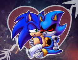 Size: 1550x1200 | Tagged: safe, artist:theenigmamachine, metal sonic, sonic the hedgehog, hedgehog, 2016, abstract background, arrow (weapon), arrow through heart, black sclera, bust, duo, eyes closed, gay, heart, hugging, hugging from behind, looking at them, metonic, outline, robot, shipping, smile