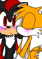 Size: 752x1063 | Tagged: safe, artist:lightningstrike153, miles "tails" prower, shadow the hedgehog, 2014, blushing, cute, duo, eyes closed, flat colors, gay, kiss on cheek, mouth open, shadails, shadowbetes, shipping, simple background, standing, tailabetes, white background