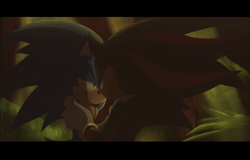 Size: 900x575 | Tagged: safe, artist:un-genesis, shadow the hedgehog, sonic the hedgehog, sonic adventure 2, 2013, abstract background, border, duo, gay, glowing eyes, green forest, holding each other, lidded eyes, looking at each other, scene interpretation, shadow x sonic, shipping, smile, standing