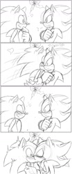 Size: 670x1616 | Tagged: safe, artist:angelofhapiness, shadow the hedgehog, sonic the hedgehog, 2016, arms folded, blushing, duo, eyes closed, flustered, frizzed, frown, gay, heart, holding them, kiss, kiss on cheek, mistletoe, monochrome, question mark, shadow x sonic, shipping, shrunken pupils, simple background, sketch, smile, standing, surprise hug, surprise kiss, surprised, white background