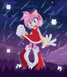 Size: 1775x2048 | Tagged: safe, artist:icyy-stxrlight, amy rose, sonic frontiers, abstract background, grass, looking at viewer, nighttime, outdoors, shooting star, smile, solo, sonic channel style, standing, star (sky), star piece