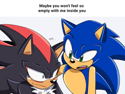 Size: 2048x1536 | Tagged: safe, artist:weiirddudee, shadow the hedgehog, sonic the hedgehog, :/, crying, dialogue, duo, english text, gay, grey background, looking at them, looking offscreen, out of context, shadow x sonic, shipping, shocked, shrunken pupils, simple background, tears, tears of sadness, wtf?