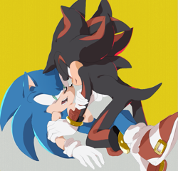 Size: 749x720 | Tagged: safe, artist:natty650, shadow the hedgehog, sonic the hedgehog, 2019, duo, gay, lidded eyes, looking at each other, lying down, mouth open, pinning them, shadow x sonic, shipping, simple background, smile, yellow background