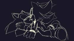 Size: 1280x720 | Tagged: safe, artist:koudoku-chan, shadow the hedgehog, sonic the hedgehog, 2019, black background, duo, eyes closed, gay, kiss, line art, lying down, lying on them, monochrome, shadow x sonic, shipping, signature, simple background, sketch