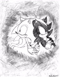 Size: 2513x3247 | Tagged: safe, artist:shadowreaper12, shadow the hedgehog, sonic the hedgehog, 2011, black and white, duo, frown, gay, holding hands, looking offscreen, monochrome, shadow x sonic, shipping, signature, sitting, smile