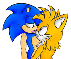 Size: 1043x873 | Tagged: safe, artist:kanjifaux, miles "tails" prower, sonic the hedgehog, 2012, aged up, blushing, duo, gay, looking at each other, mouth open, older, shipping, simple background, sonic x tails, transparent background