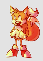 Size: 1135x1585 | Tagged: safe, artist:destiny-draws, miles "tails" prower, 2017, grey background, hands together, looking offscreen, mouth open, simple background, smile, solo, standing