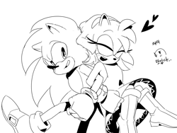 Size: 2000x1500 | Tagged: safe, artist:weilg77_, amy rose, sonic the hedgehog, amy x sonic, black and white, duo, greyscale, heart, korean text, monochrome, shipping, straight